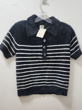 A NEW DAY BLACK FUZZY POLO SHORT SLEEVE TOP STRIPED TARGET XS NWT